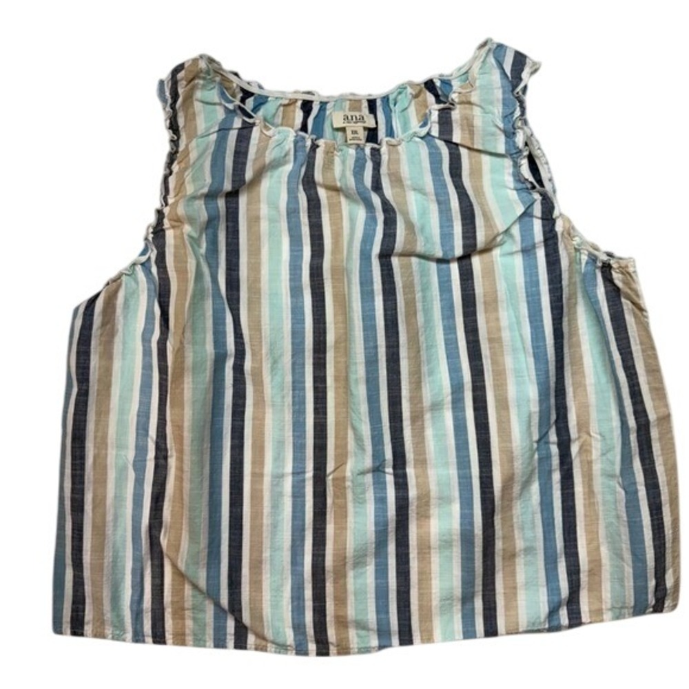 Striped Peasant Blouse Multicolor Ruffled Neckline XXL  ANA 100%‎ cotton